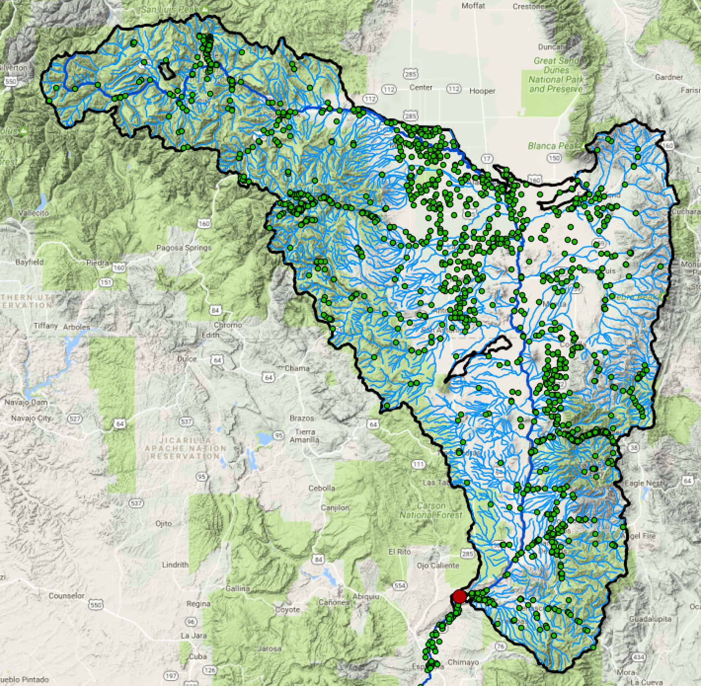 Image of upstream navigation results. Basin boundary, flowlines, main stem, water quality sites.