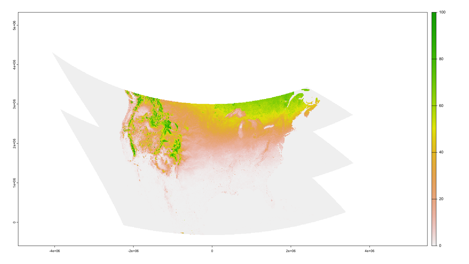 Map of the contiguous United States with values of Snow Cover Index. Map shows the western mountains and northern latitudes as higher snow cover with green hues and the lower parts of the country with less snow and orange hues.