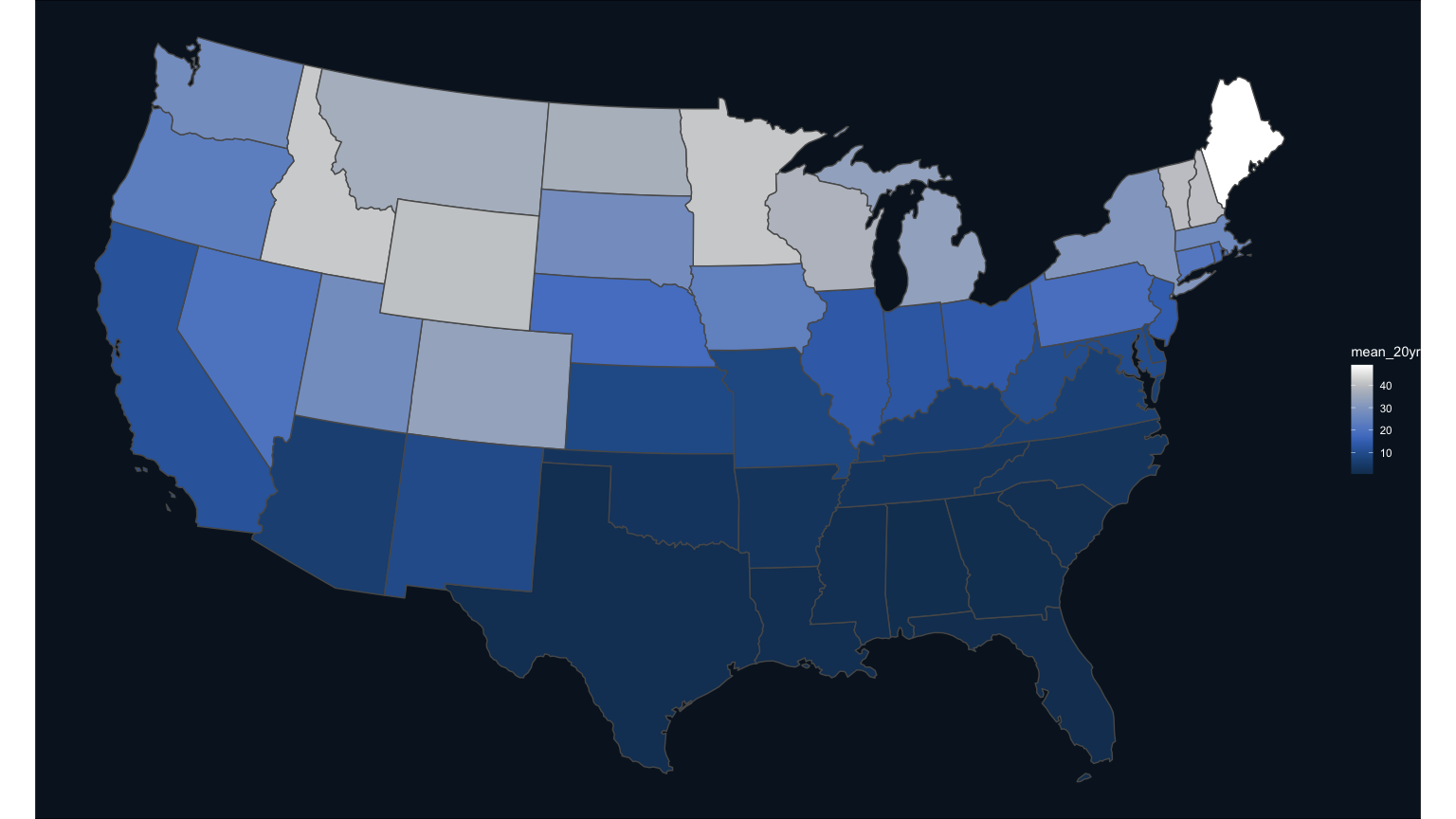 A choropleth map of the contiguous United States snowing snow cover index by state with a blue color scale. Light blue states, such as Maine, Minnesota, and Idaho have higher snow cover whereas dark blue states, such as Texas, Louisiana, and Florida have low to no snow cover values.