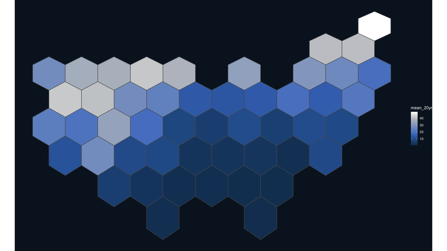 A hexagonal choropleth map of the contiguous United States snowing snow cover index by state with a blue color scale. Light blue states, such as Maine, Minnesota, and Idaho have higher snow cover whereas dark blue states, such as Texas, Louisiana, and Florida have low to no snow cover values. Each state is represented with one hexagon.