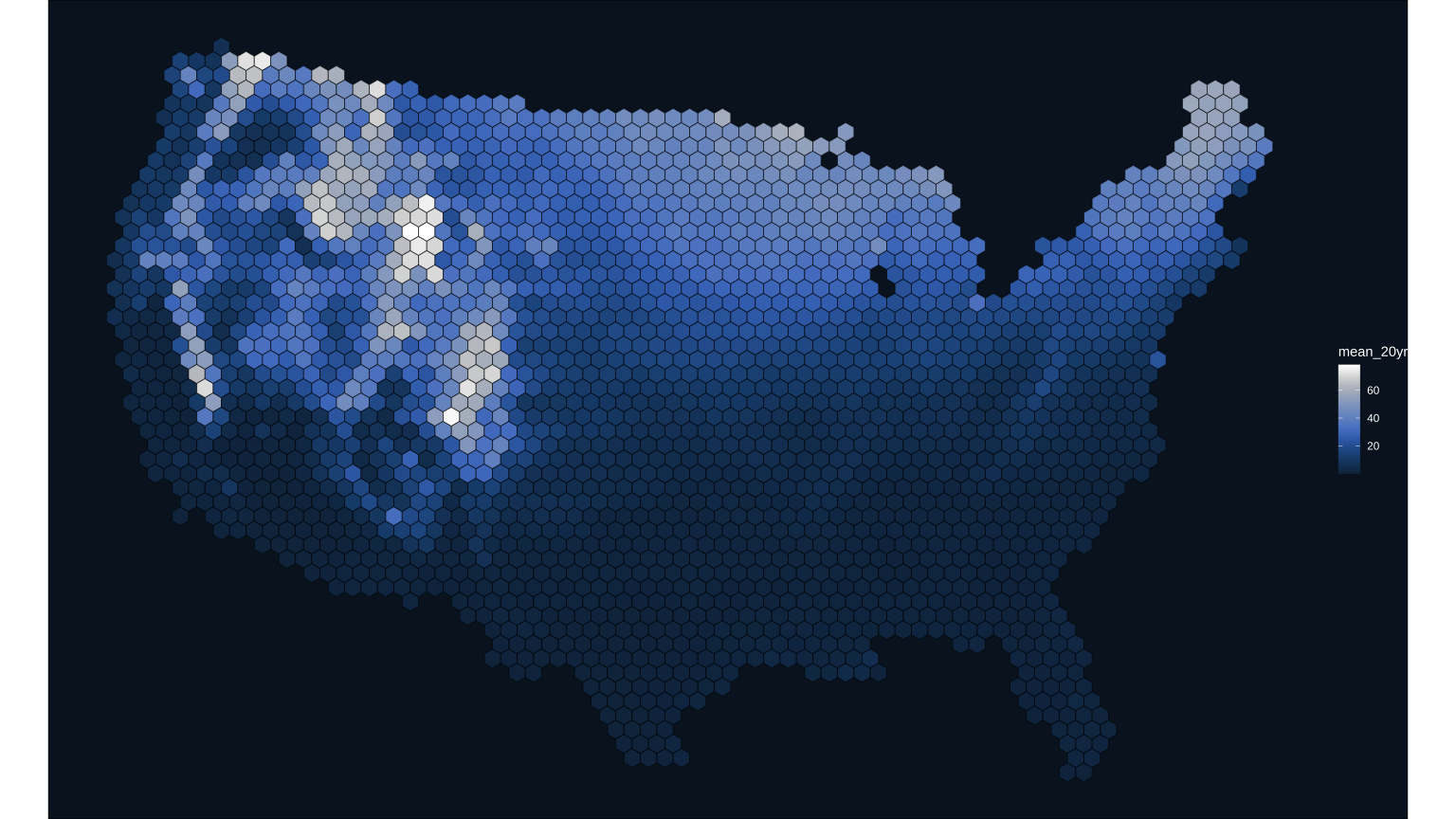 A map of the contiguous United States as a hexagonal grid sized such that Iowa is approximately 7 hexagons wide and 5 hexagons tall. Each grid is colored according to snow cover, with areas with higher snowfall in lighter blues and areas with low snowfall in dark blue. Snowier places are white with snow, emphasizing the Rocky Mountains and Sierra range in the western U.S., and Maine in the northeast. The majority of the southern half of the country is within a 0-10% snow cover index.