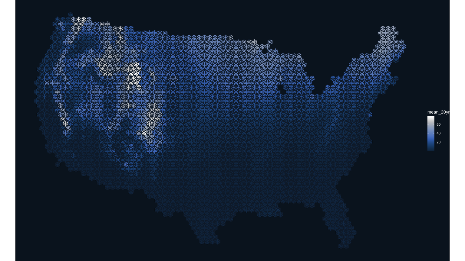 A map of the contiguous United States as a hexagonal snowflake map such that Iowa is approximately 7 snowflakes wide and 5 snowflakes tall. Each snowflake is colored according to snow cover, with areas with higher snowfall in lighter blues and areas with low snowfall in dark blue. Snowier places are white with snow, emphasizing the Rocky Mountains and Sierra range in the western U.S., and Maine in the northeast. The majority of the southern half of the country is within a 0-10% snow cover index.