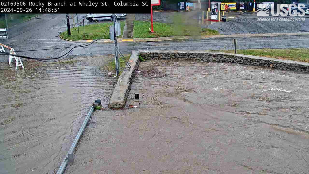 Image of flooding at a gage during the landfall of Hurricane Helene on September 26, 2024