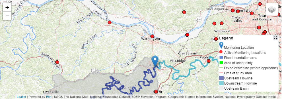 Screenshot of new improved basemap and upstream basin shading for monitoring location 07016500, Bourbeuse River at Union, MO