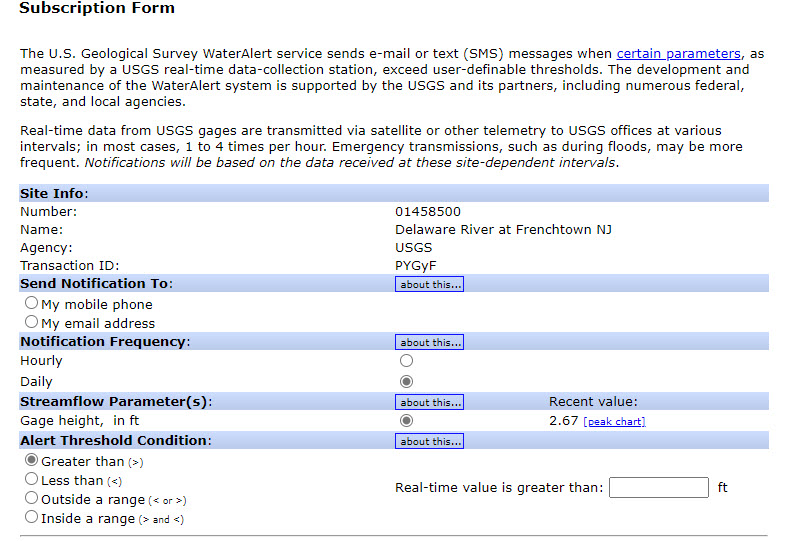 Example of WaterAlert Subscription Form