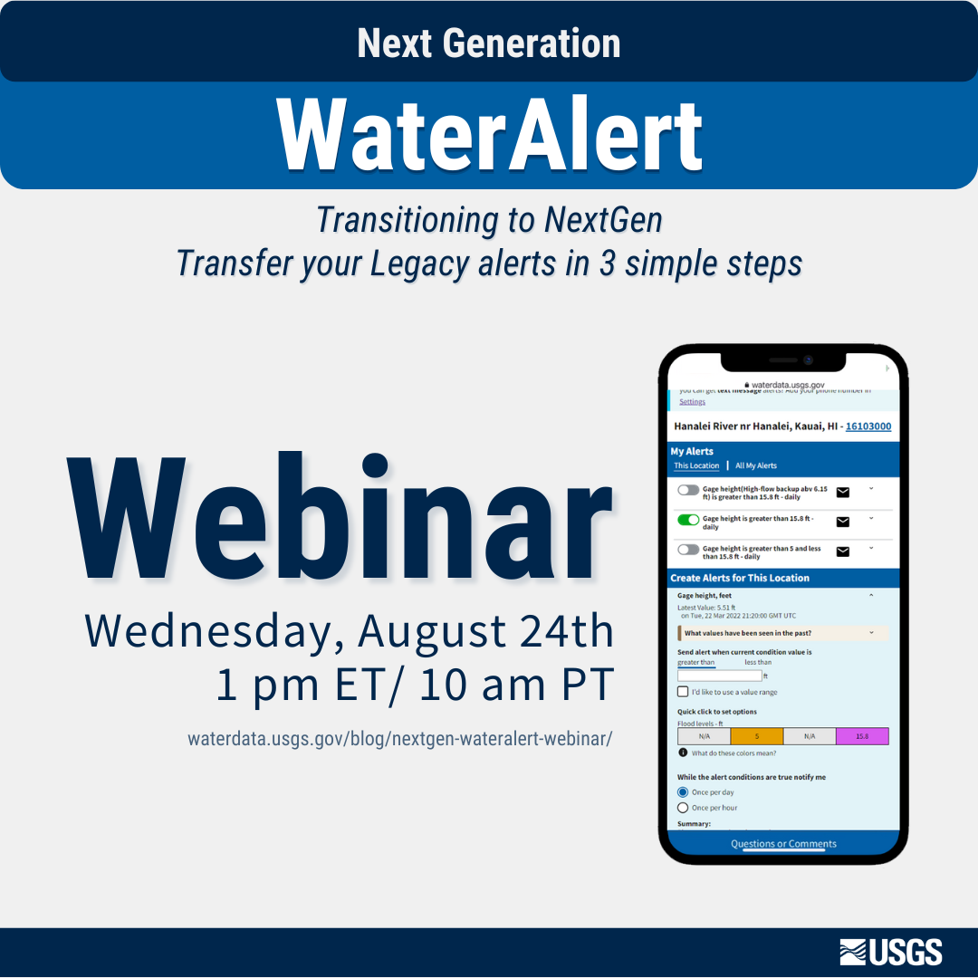 Text on the image reads: Next Generation WaterAlert. Transitioning to NextGen. Transfer your Legacy alerts in 3 simple steps. Webinar. Wednesday, August 24th, 1 pm ET/ 10 am PT. On the right side of the image, there is an image of a cellphone with screenshot of NextGen WaterAlert.