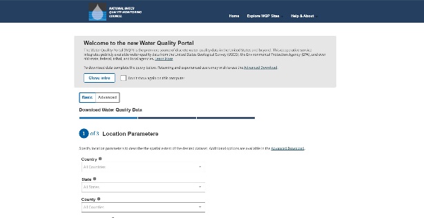 A screenshot of the landing page of the new Water Quality Portal User Interface