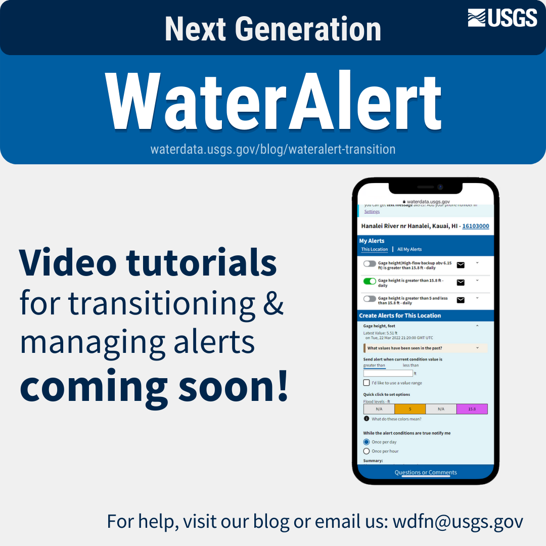 graphic with text: Next Generation WaterAlert. Video tutorials for transitioning & managing alerts coming soon!