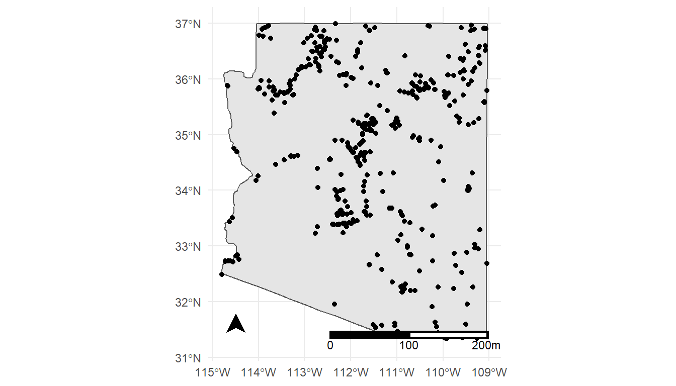 A static map of Arizona, with circular dots where phosphorous measurments were reported.