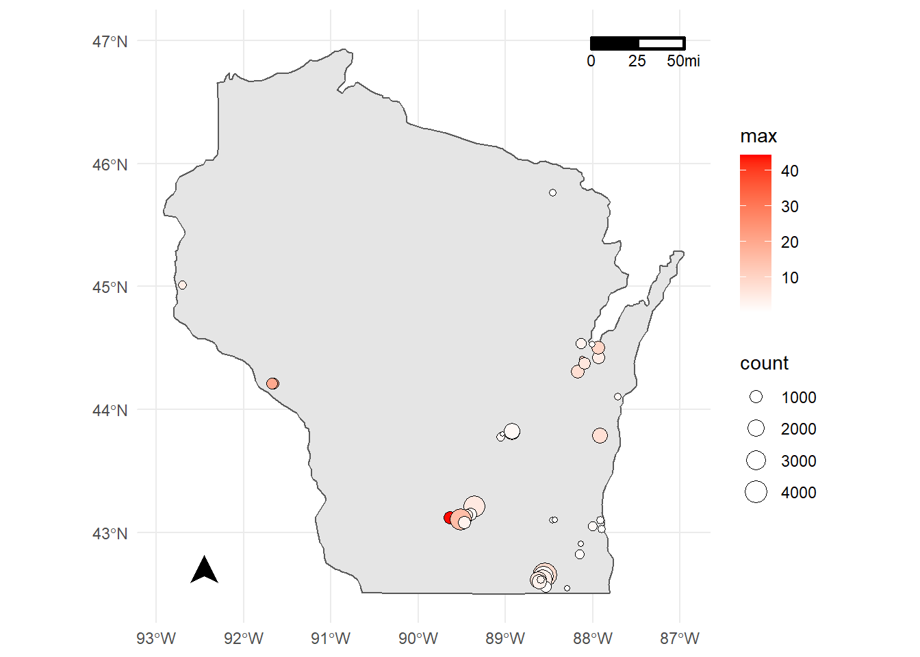 Static map of Wisconsin with sites generated from the WQP.