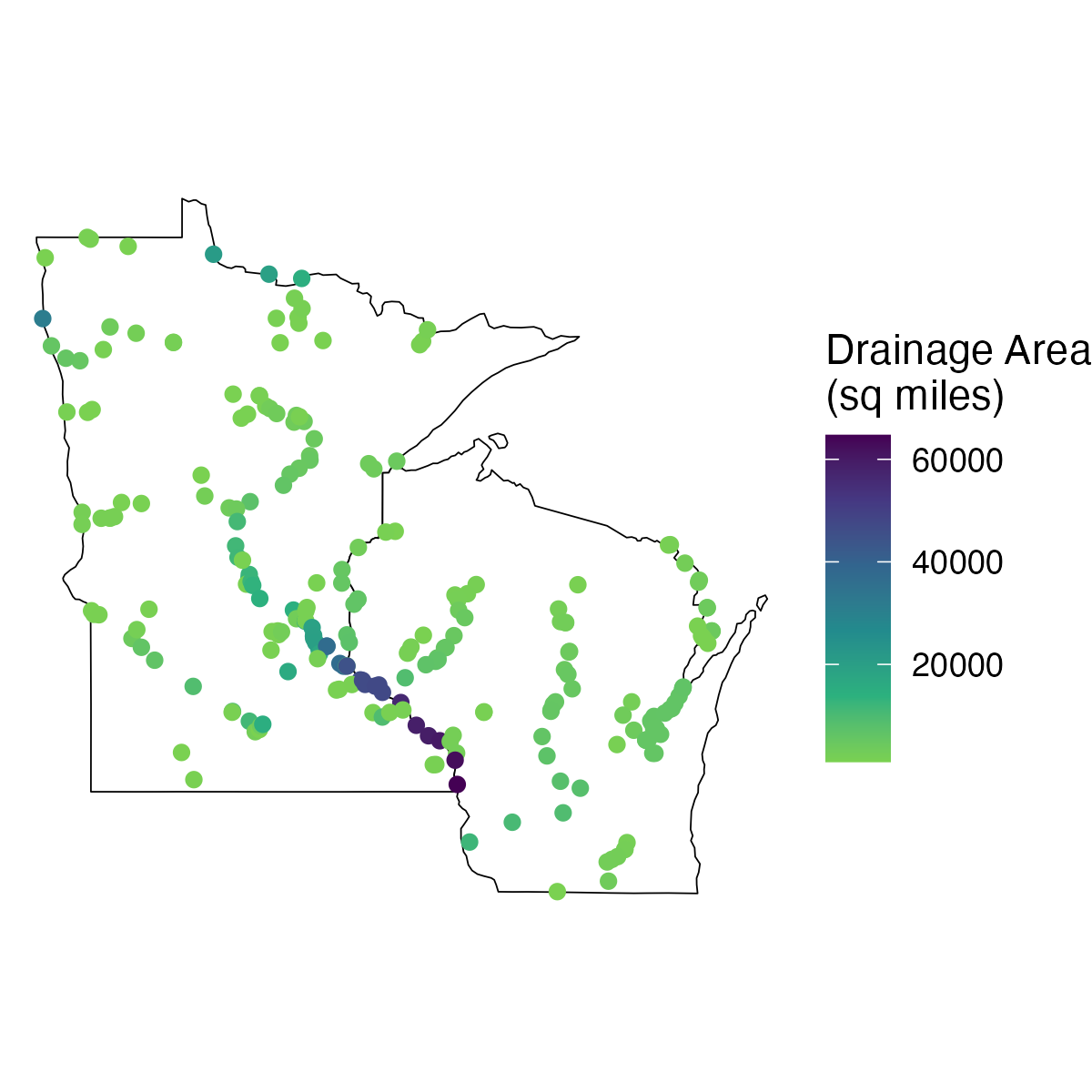 Simple map of Wisconsin and Minnesota states with streamgage locations that are larger than 1,000 square miles mapped. The streamgage sites are colored according to drainage area with larger drainage area in darker blues.