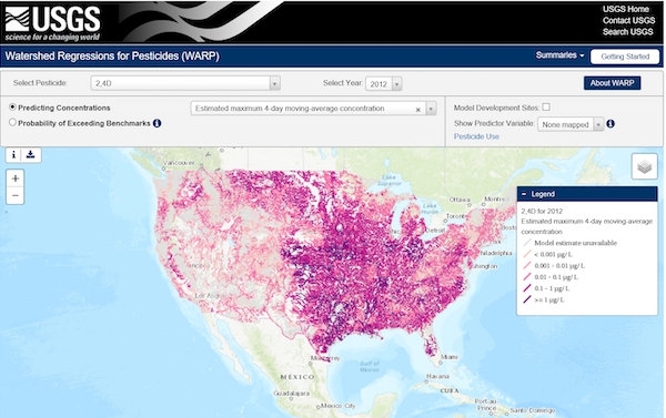 A screenshot of Watershed Regressions for Pesticides (WARP) showing predicted CONUS-wide concentrations over an estimated maximum 4-day moving-average for the pesticide 2,4D in the year 2012.