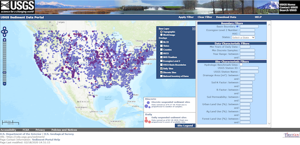 A screenshot of the Sediment Data Portal showing both daily and discrete suspended sediment sites for CONUS.