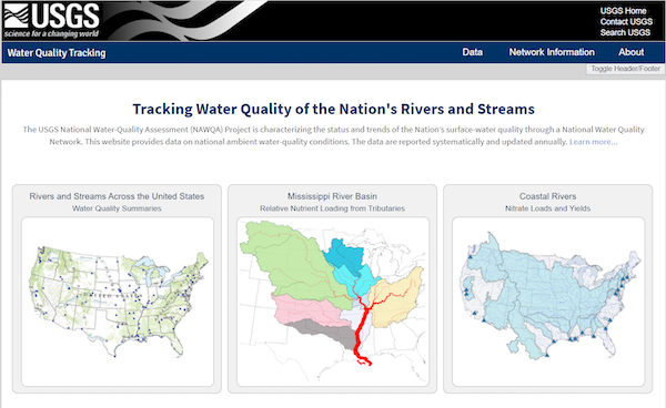 A screenshot of Tracking Water Quality of the Nation's Rivers and Streams showing three options: Rivers and Streams Across the United States (left), Mississippi River Basin (center), and Coastal Rivers (right).