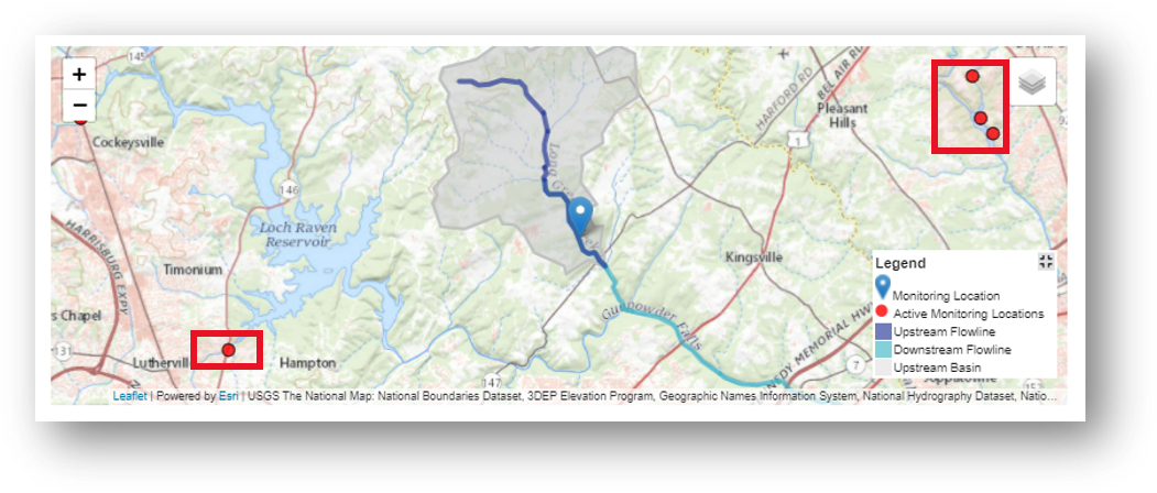 Screenshot that shows the nearby monitoring locations on the map for Long Green Creek at Glen Arm, MD.