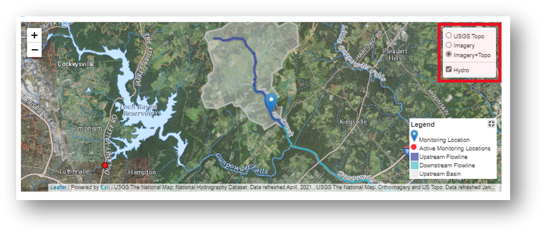 Screenshot that shows the available map layers for Long Green Creek at Glen Arm, MD.