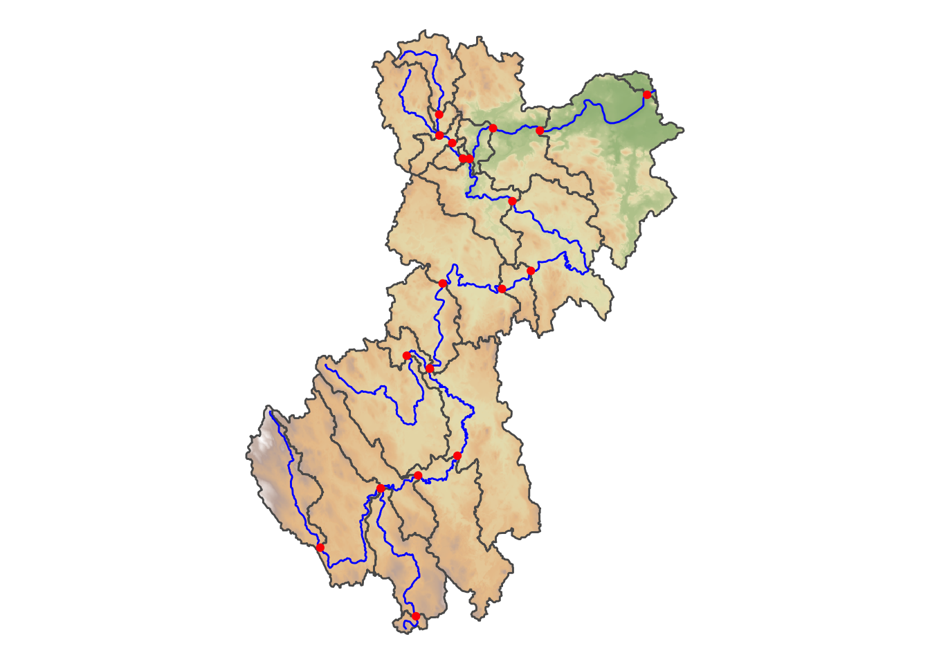 An idealized map showing catchment divide polygons, connected river lines, and points along rivers at the inlet and outlet of catchments.