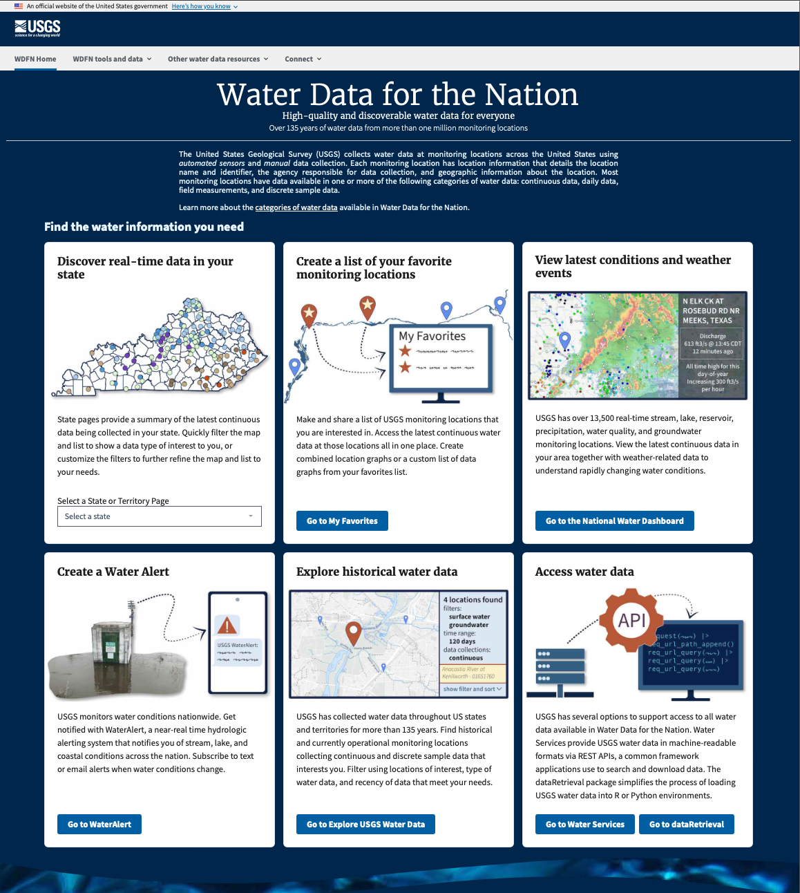 Screenshot of WDFN Home showing tiles that link out to different data offerings.