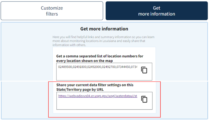 The “Get more information” button provides easy access to a full list of location numbers or location identifiers with agency code for all locations shown on the state map and list, and the URL for your state with all your filters saved for sharing with others or bookmarking to return to later.