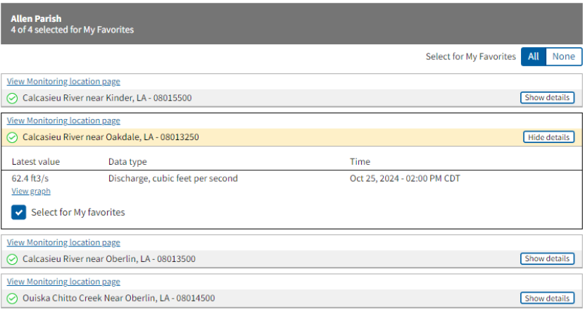 The list shows locations matching your filter selections by county. Here you can select a location to view the latest values, navigate to the Monitoring Location Page, or select the location for My Favorites. You can also add locations to My Favorites in bulk by county using the “All” and “None” selectors.