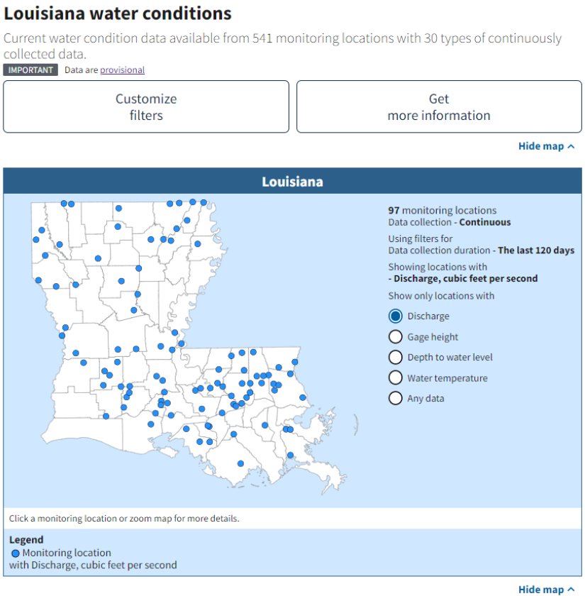 State Page for Louisiana, showing monitoring locations that have measured discharge within the last 120 days. The radio buttons to the right of the map allow you to select other common data types, or you can filter the map with the “Customize filters” action button to show locations that collect any number of data types collected continuously in the state.