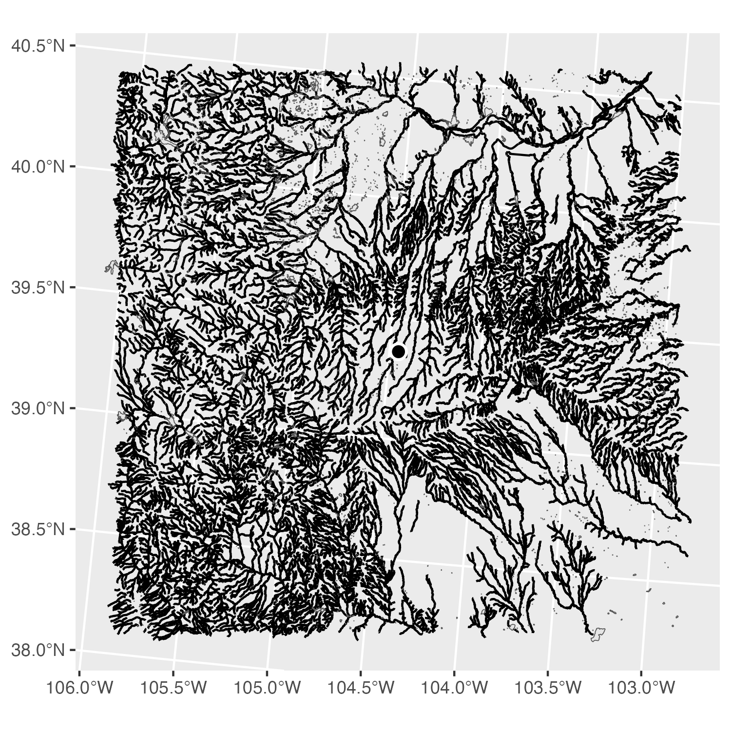 Map of a bunch of black river lines and lake polygons that fill the map with little discernable pattern.
