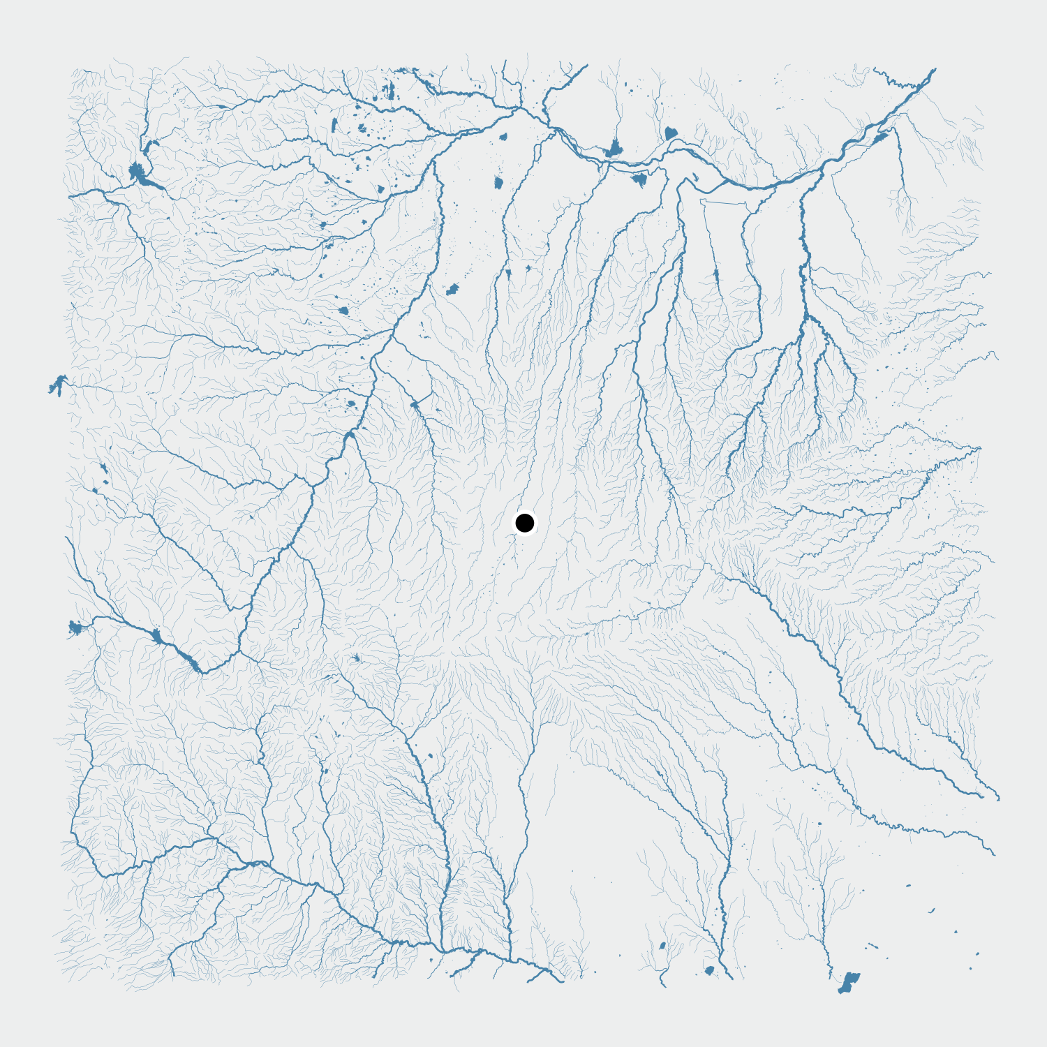 Map of rivers showing main downstream areas with thicker blue lines, upstream areas with thinner blue lines. Lakes are filled with the same blue.