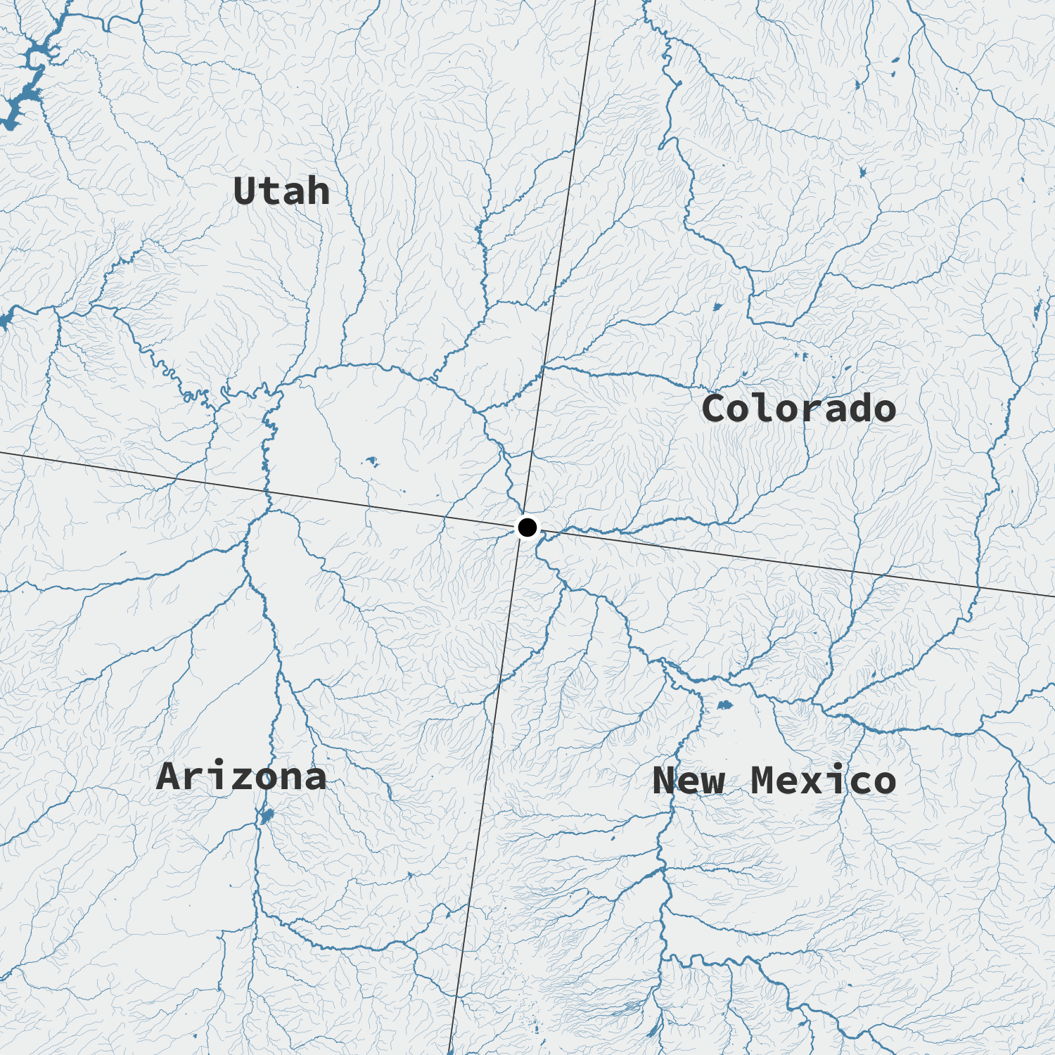 Map of rivers showing main downstream areas with thicker blue lines, upstream areas with thinner blue lines. The four adjacent states, Utah, Colorado, New Mexico, and Arizona are all labeled.