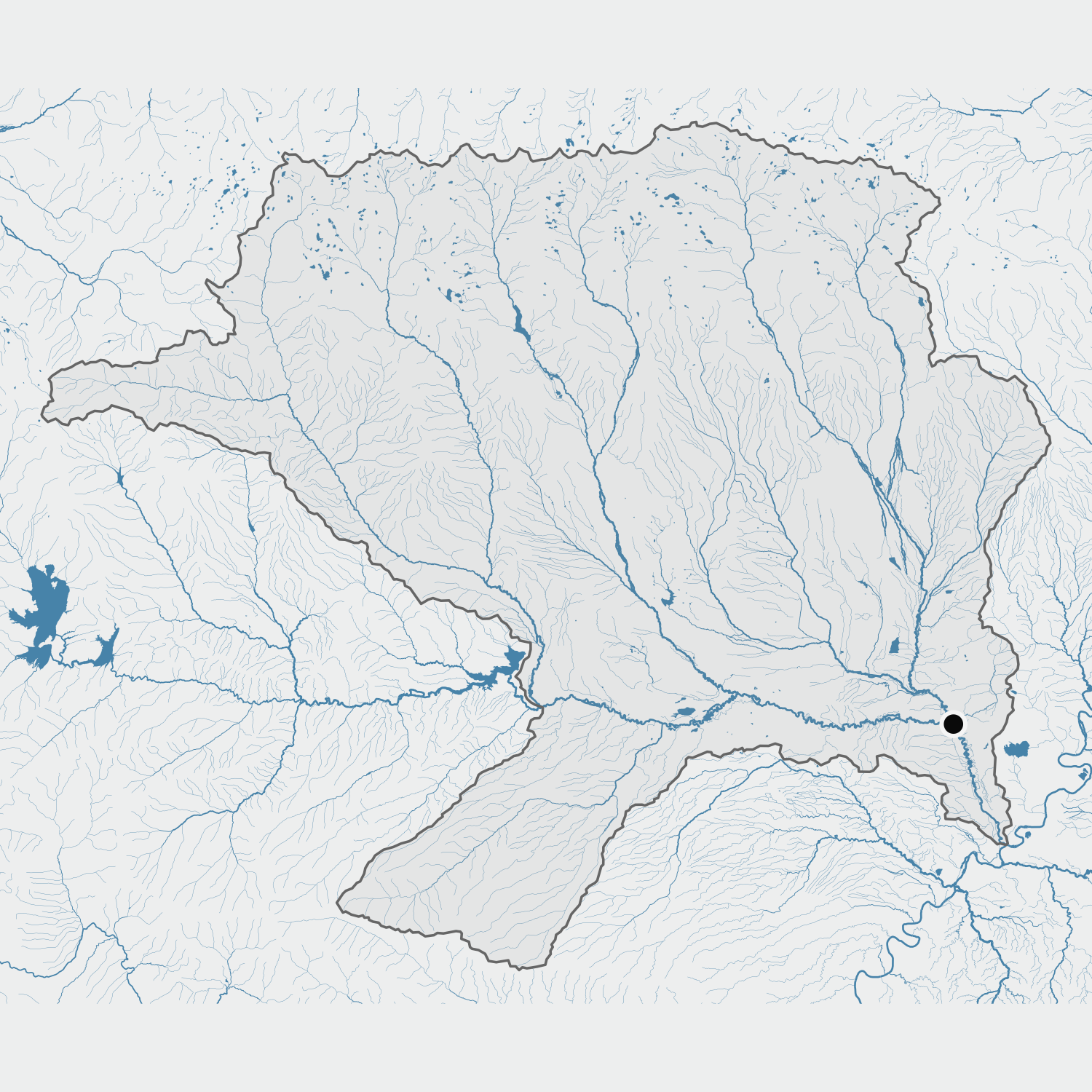 Map of the Duchesne River HUC-8 watershed in Utah showing rivers and waterbodies in blue. The HUC-8 watershed boundary is plotted with a slightly darker grey than the background.