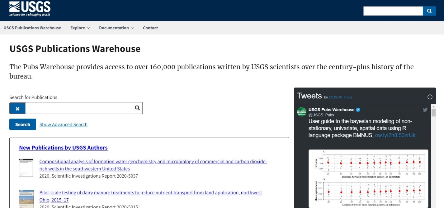 Screenshot of the USGS Publications Warehouse homepage