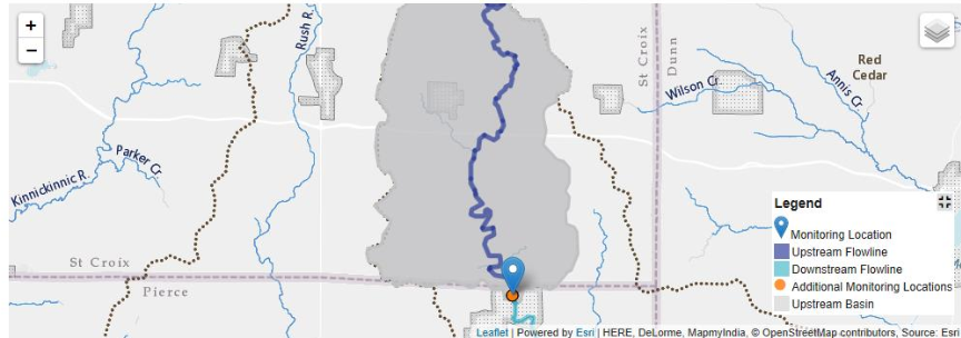 Screenshot of the upstream basin for monitoring location 05370000, Eau Galle River at Spring Valley, WI