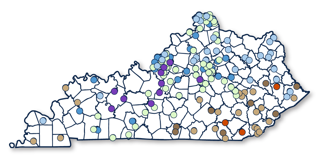 Icon of Kentucky showing gage locations on it.