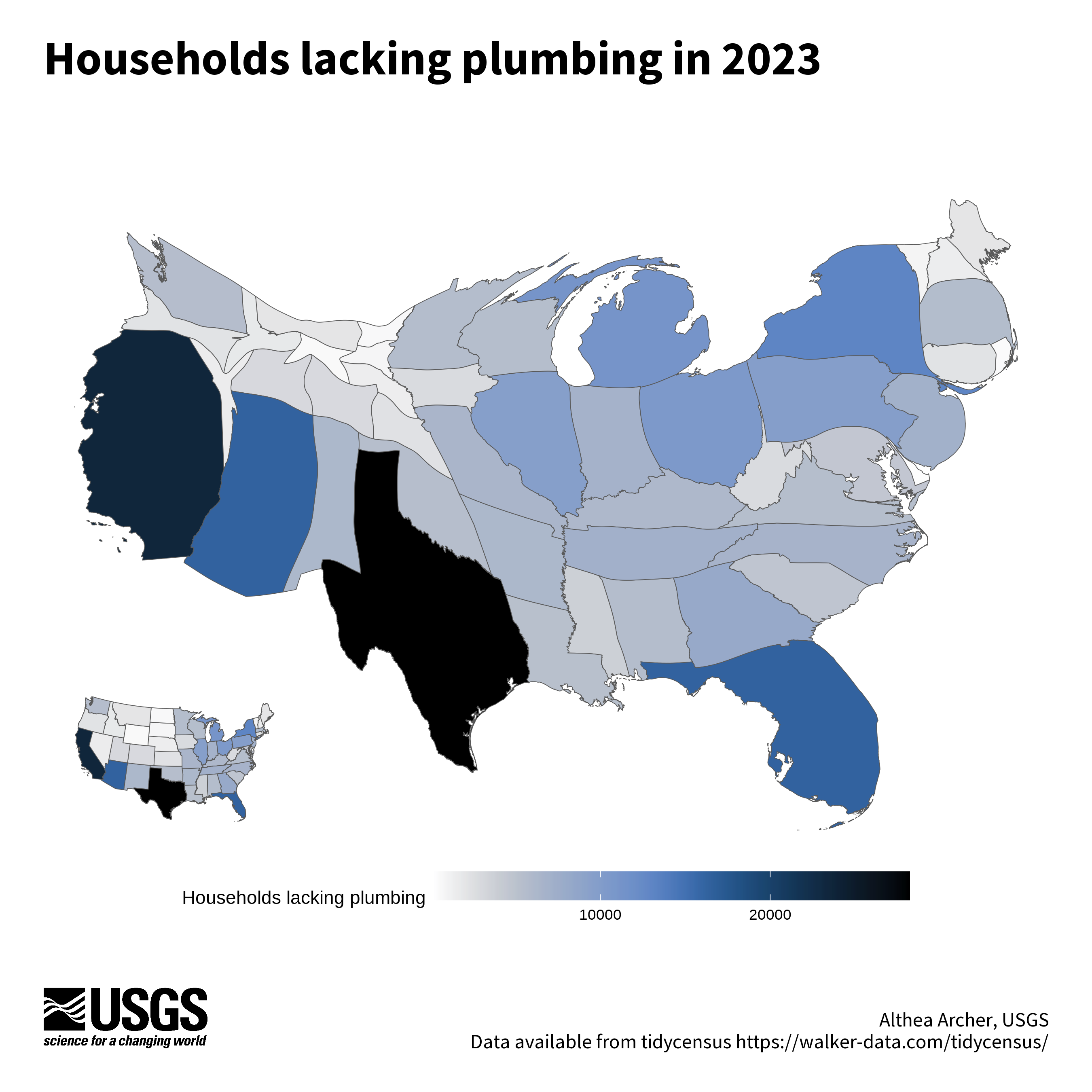 Map of the lower 48 United States showing the total number of households that lack plumbing by state in 2023. The main map is a cartogram, so that the size of the state is distorted and scaled by the total population. The states are also colored with blues that get darker the more households lack plumbing. This makes Arizona, for example, larger than it normally would be based on size alone. There is also an inset map that shows the same underlying data as a state map without distortion, but with the same blue color ramp as the cartogram.