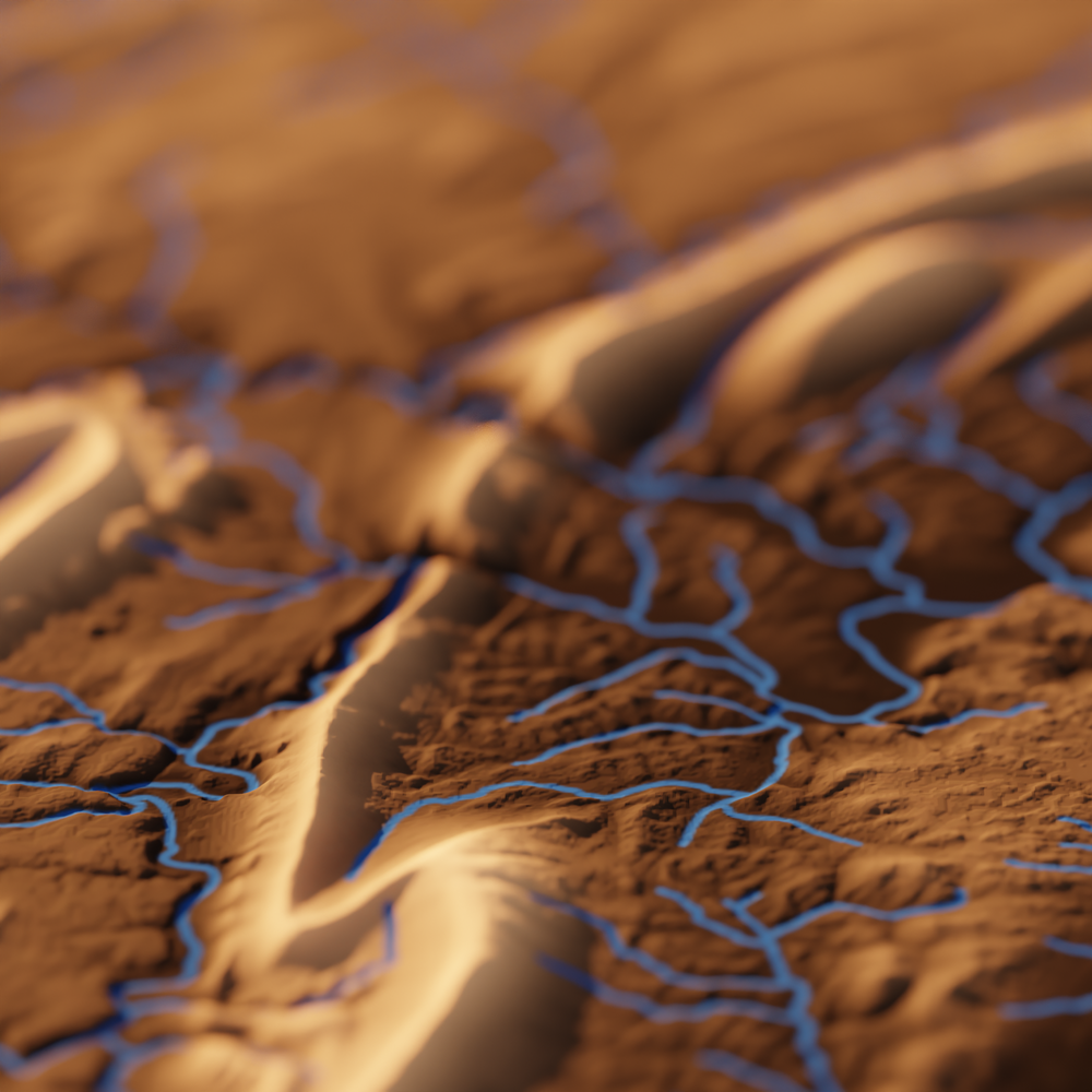 A rendered 3D image of topography and hydrography in Upper Juniata in Central Pennsylvania (HUC: 02050302) using a perspective viewpoint.
