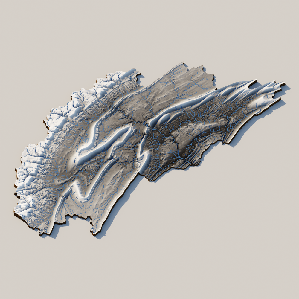 A rendered 3D image of topography and hydrography in Upper Juniata in Central Pennsylvania (HUC: 02050302) with a grayscale color map.