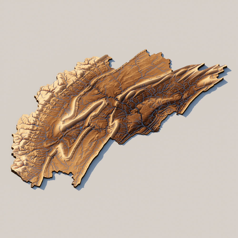 A rendered 3D image of topography and hydrography in Upper Juniata in Central Pennsylvania (HUC: 02050302).