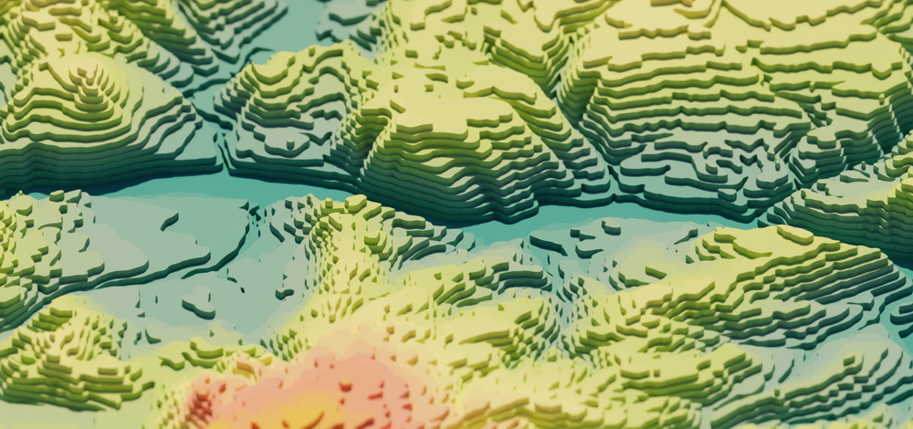 A rendered 3D image of the contours around the Columbia River in Washington, USA.