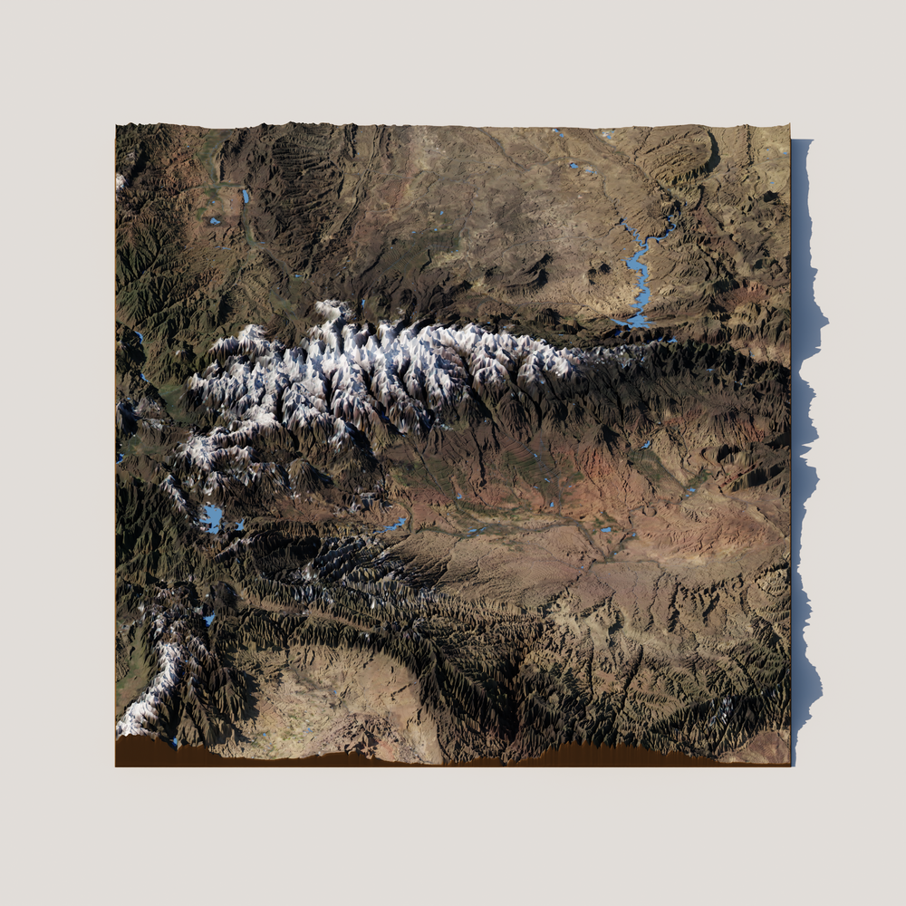 A rendered 3D image of topography, hydrography, and satellite imagery around Kings Peak in Utah, USA.