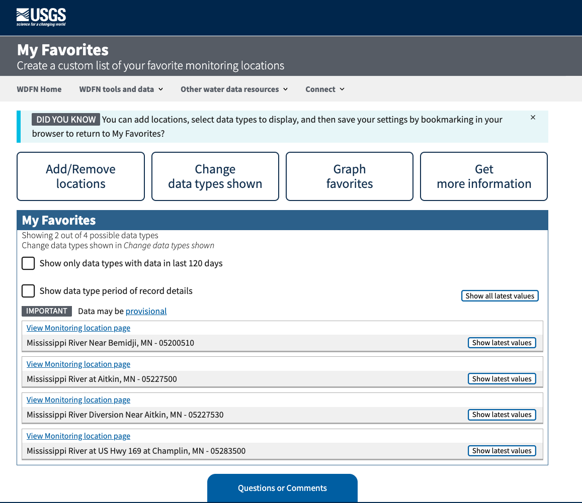 The image shows the final design of the My Favorites webpage. The design includes several control buttons at the top of the page followed by clear instructions for adding or removing locations from My Favorites.