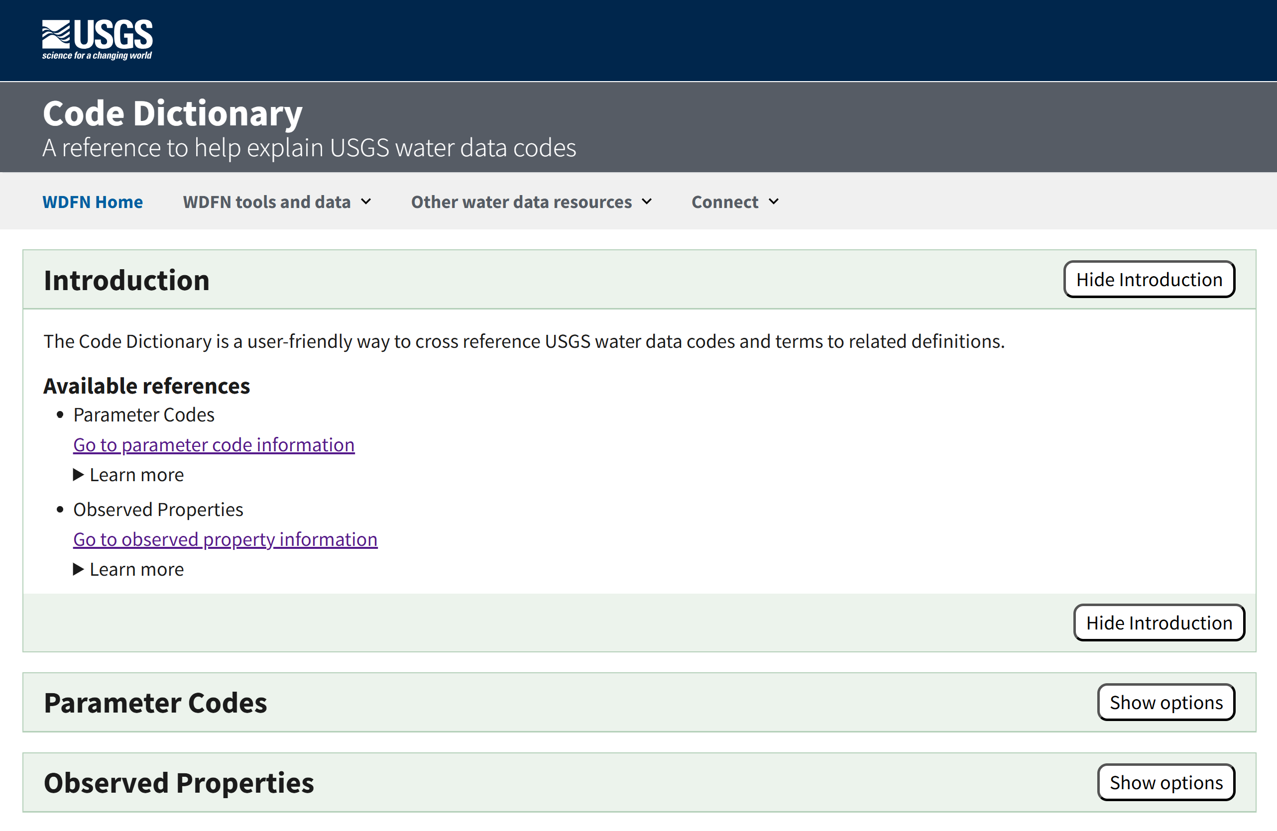 Image showing the Code Dictionary webpage, which provides an easy way to explore parameters and observed properties that describe USGS water data.