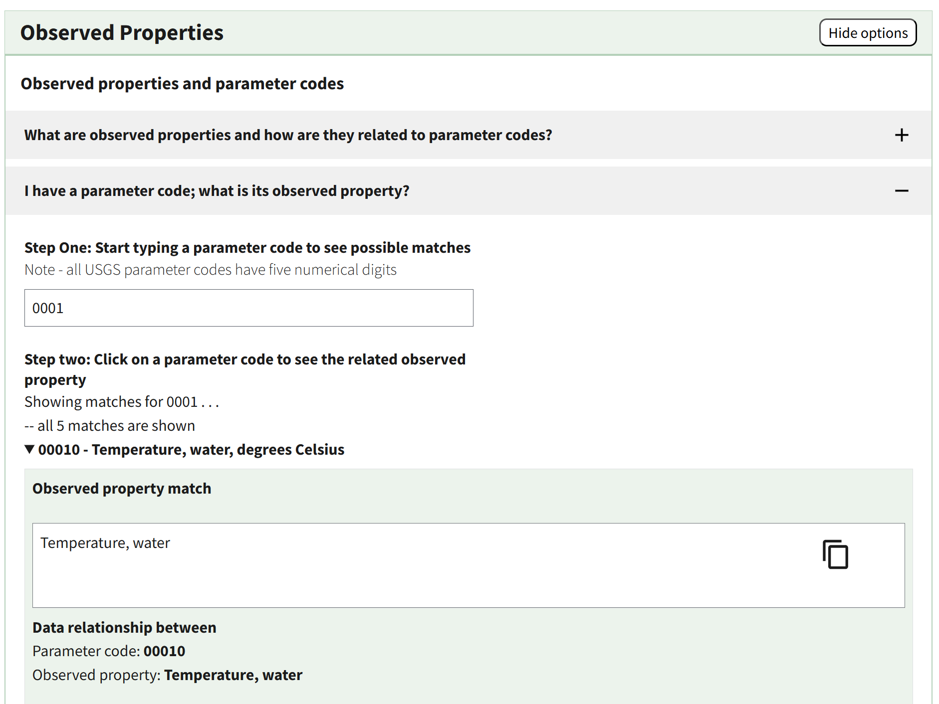 Image showing the parameter code to observed property tool of the Observed Properties section, where the search for 0001 returns the parameter 00010 – Temperature, water, degrees Celsius which aligns with the observed property Temperature, water.