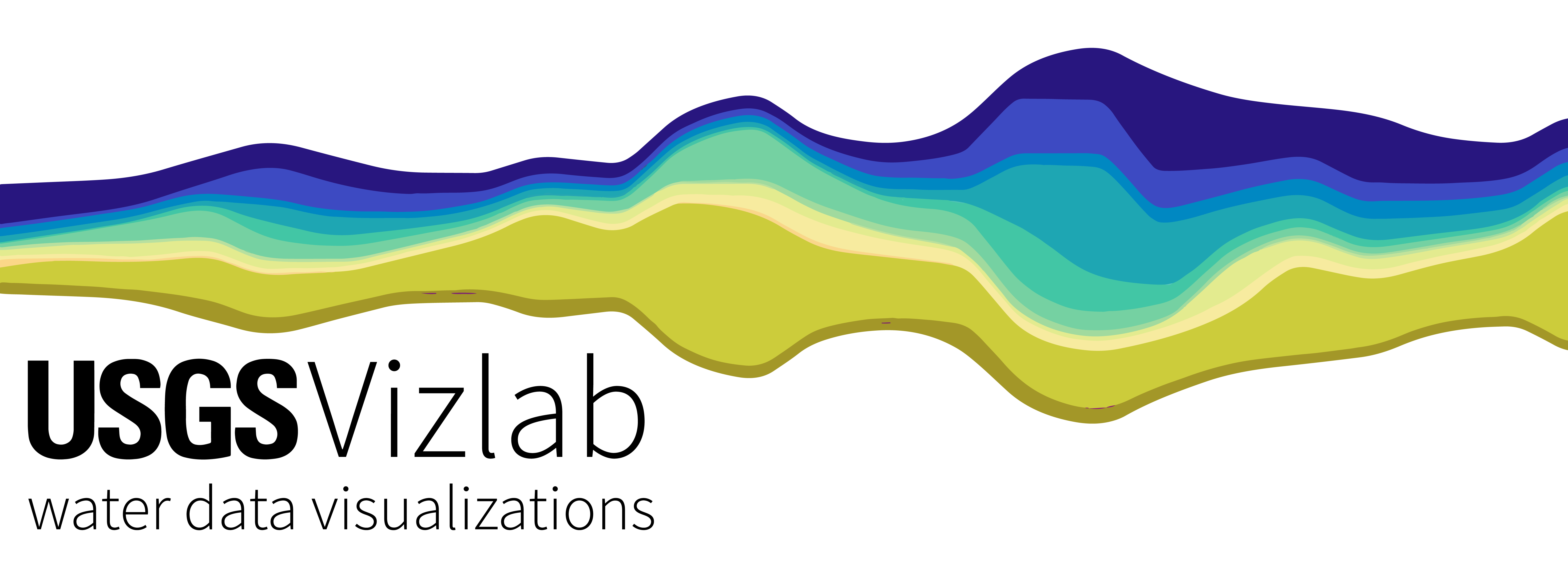 A banner for the USGS Vizlab water data visualization team featuring an abstract streamgraph that mimics flowing water.